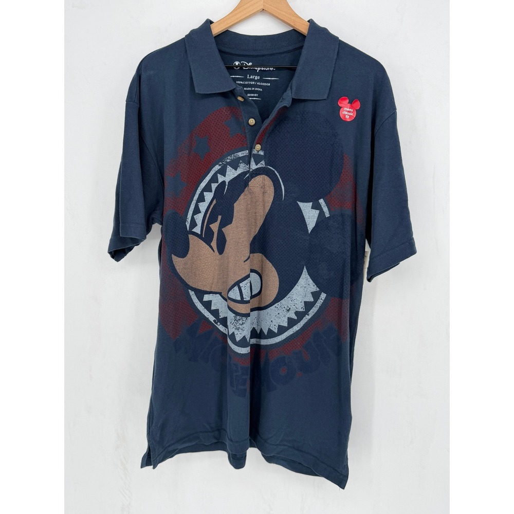 Disney Store Angry Mickey Mouse Polo Shirt Mens Large Blue Graphic Short‎ Sleeve